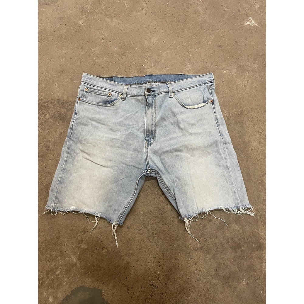 Levis 505 Shorts Mens 40 Light Wash Blue Denim Distressed Cutoff Raw Hem Zip Fly
